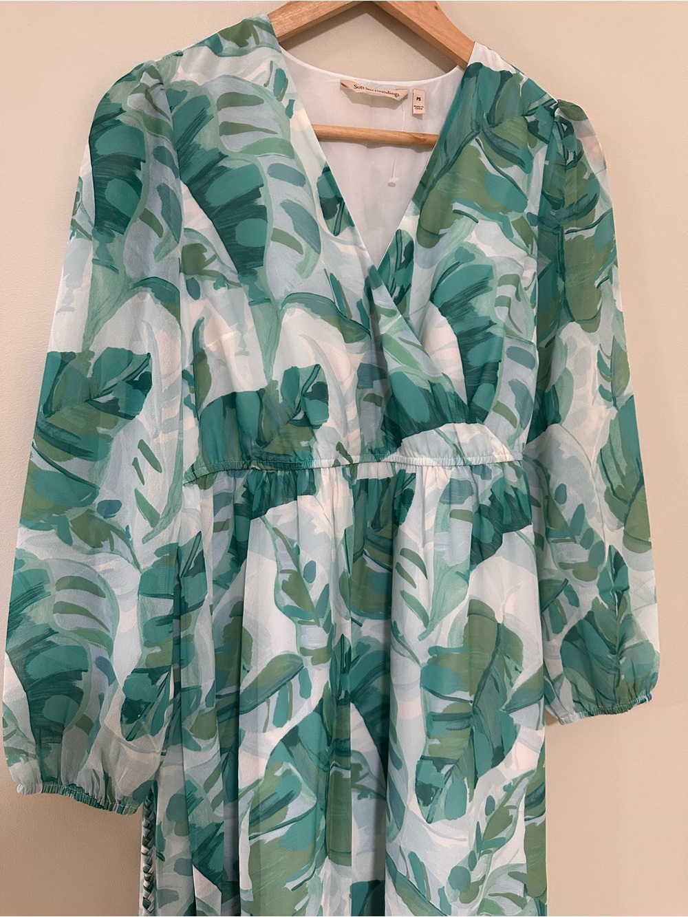 Soft Surroundings Teal and Green Leaf-Print Wrap Dress - Picture 2 of 9